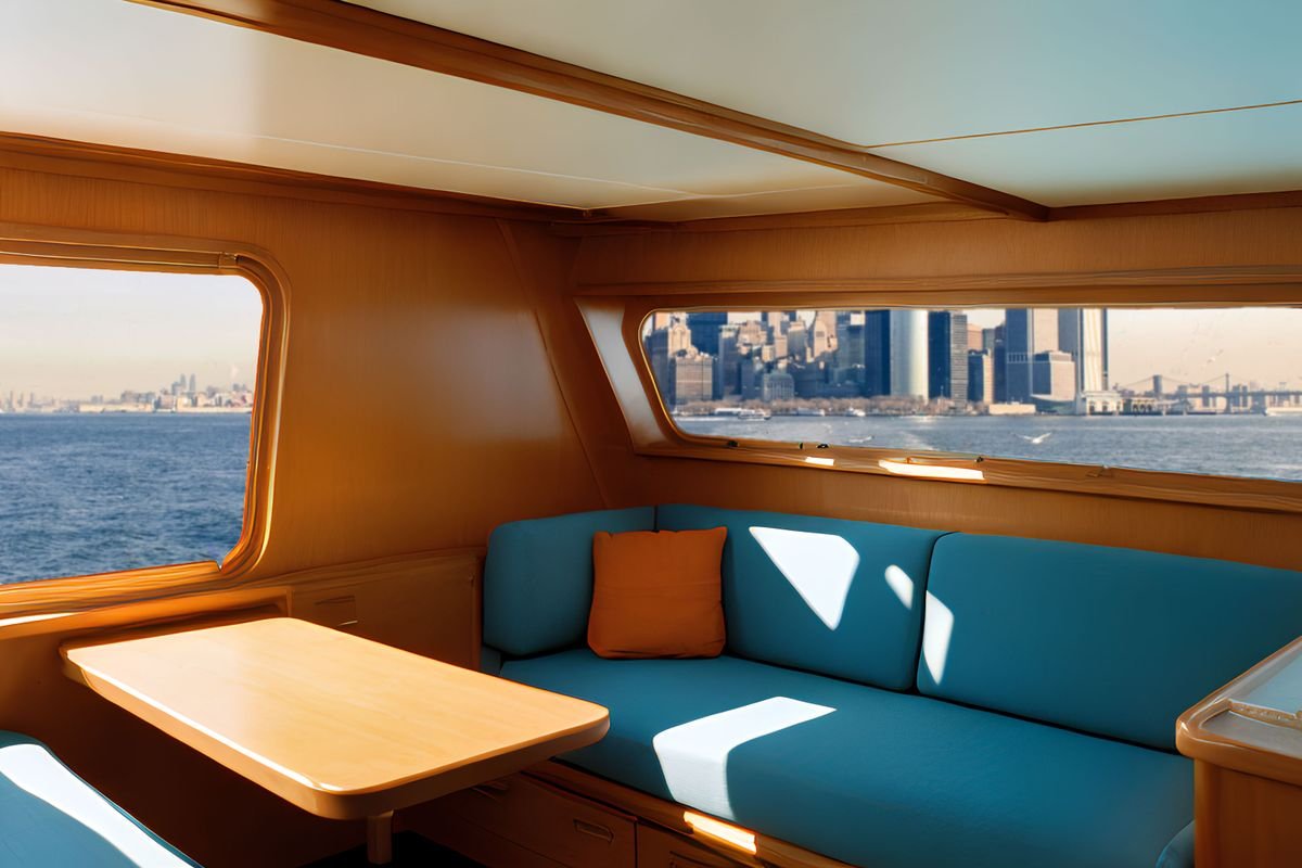 Boat cabin with cushioned bench seating