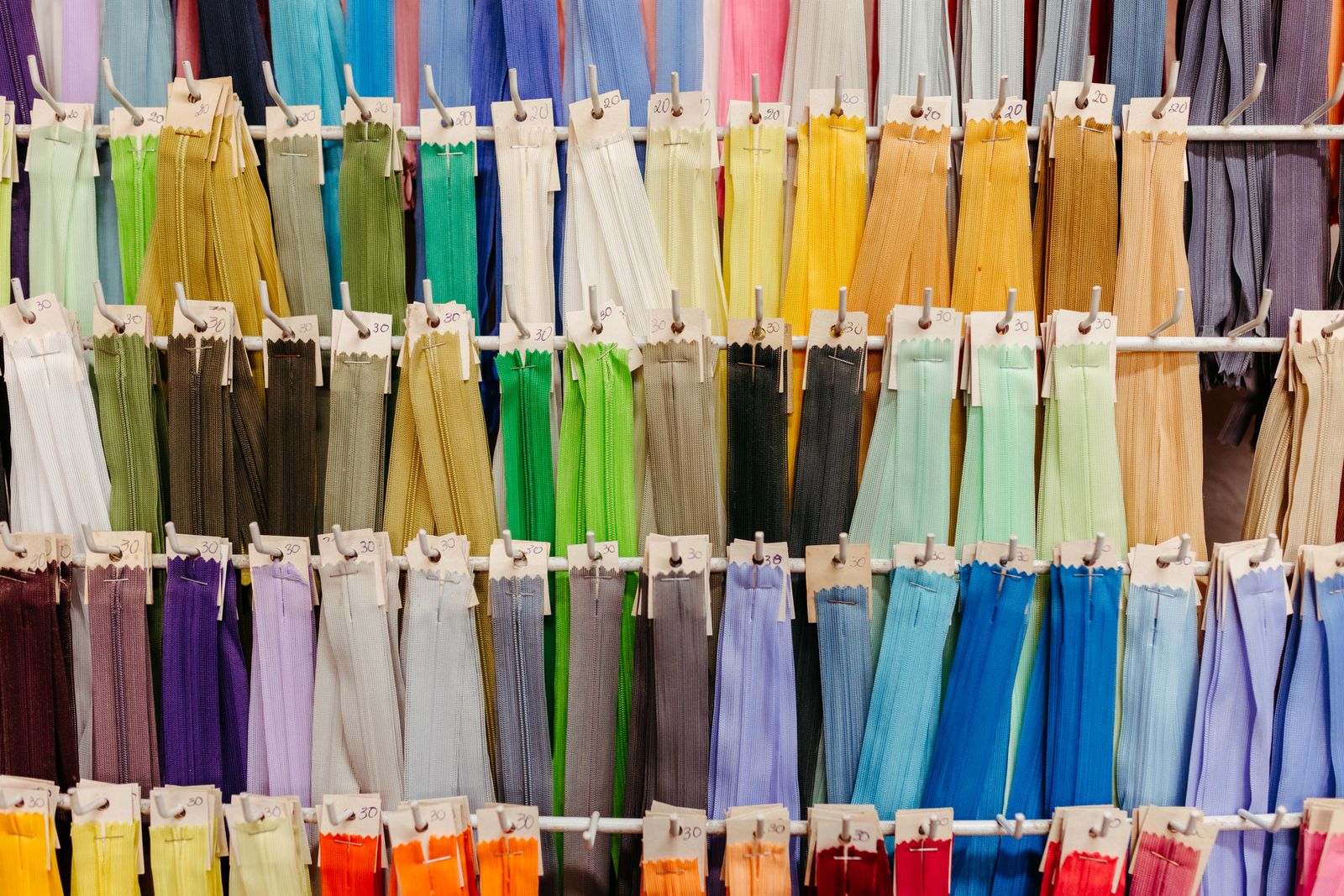A wall of zippers in many colors